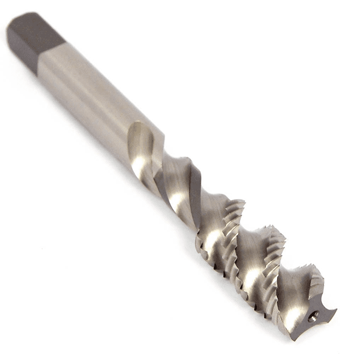 Silver-coloured, spiral-shaped drill bit with pointed tip and sharp edges.