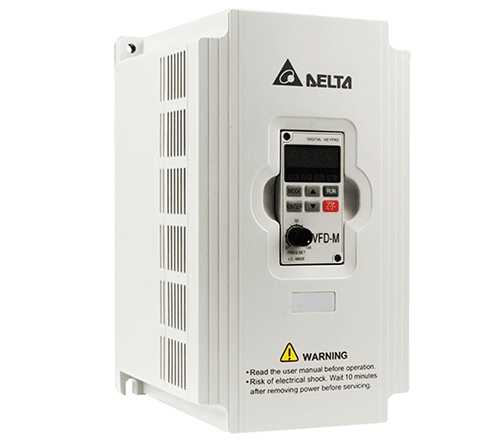White electrical control panel with Delta logo and VFD-M controller.