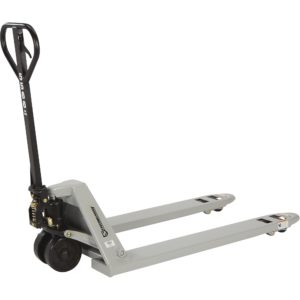 White pallet jack with black handlebars and LIFT logo against light gray background.
