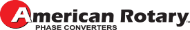 Bold black text reads American Rotary on top and Phase Converters below in small gray letters, surrounded by red and white geometric shapes.