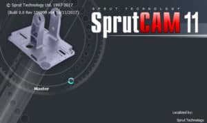A 3D metal part or component at an angle, labeled "SprutCAM" and "11".