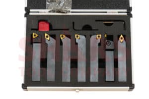 Lathe tool holders, 5 distinct metal components with smooth finishes.