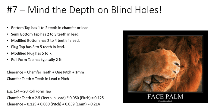 A camel's face with one eye closed, accompanied by text about blind holes in machining and metal fabrication.