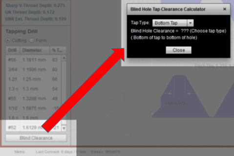 Calculator tool for blind hole clearance in metal fabrication.
