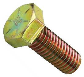 Close-up of a bolt with hexagonal socket head and markings on the head.