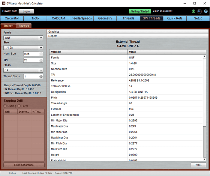 Machining software interface with GWizard: Machinist's Calculator.
