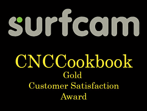 Light gray CNCCookbook logo on a black background with green i-dot and yellow Gold Customer Satisfaction Award text.