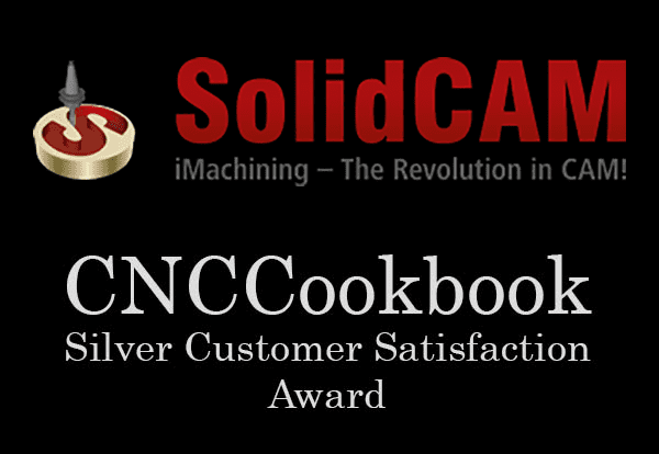 SolidCAM iMachining - The Revolution in CAM, Silver Customer Satisfaction Award badge on a black background.