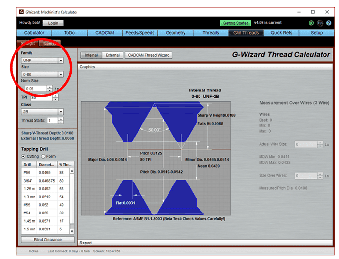 A screenshot of a thread calculator tool with options and settings for calculating thread pitches and diameters.