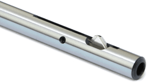 Silver metal tube with threaded end and side hole.