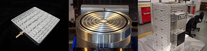 Metalworking tools and equipment collage: small grid-patterned tool, large spiral-etched metal object, and row of metal parts.