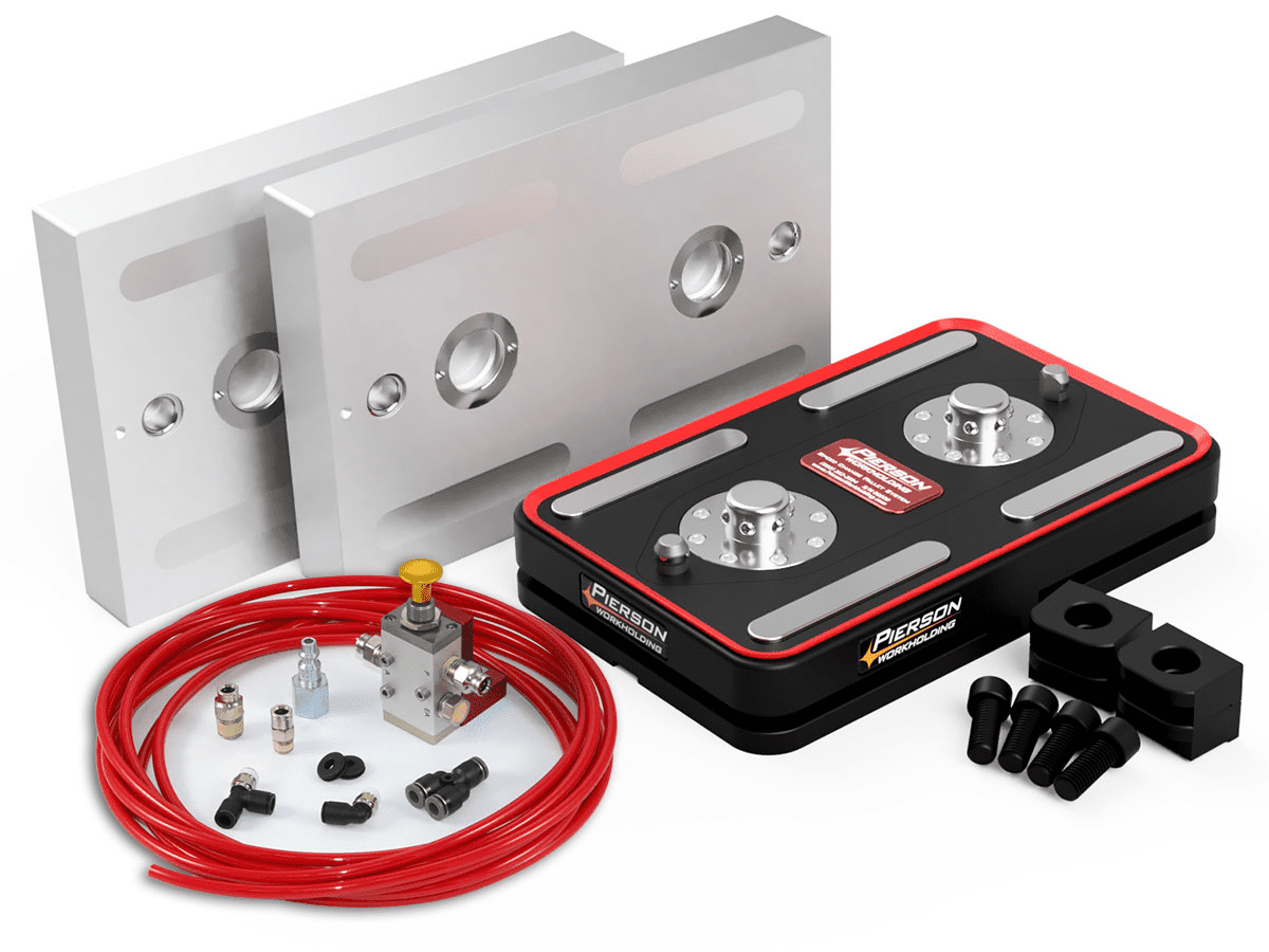 Industrial equipment and tools, a black and red device with two circular components, surrounded by metal pieces and a red hose.