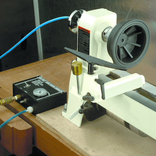 A white lathe with a black wheel and blue cord on a brown table, accompanied by a small black device.