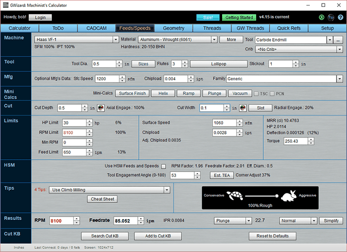 Machining process calculator screenshot with input fields, dropdown menus, and buttons.
