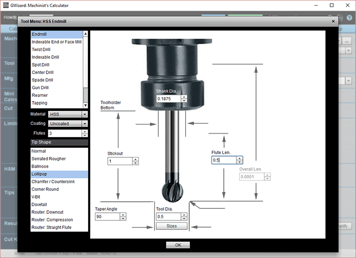 Machining tool menu screenshot showing Endmill, Drills, Mills, and other options.