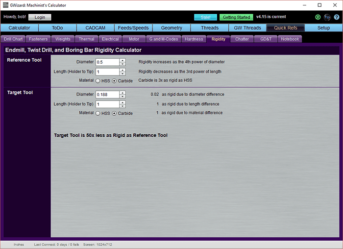 Calculator tool for determining endmill diameter by material type.