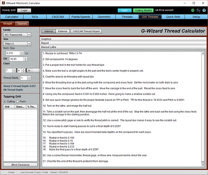 CNCCookbook.com G-Wizard Thread Calculator tool screenshot on CNCCookbook website.