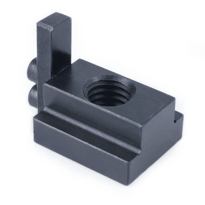 Rectangular metal component with circular hole and flat base against a white background.