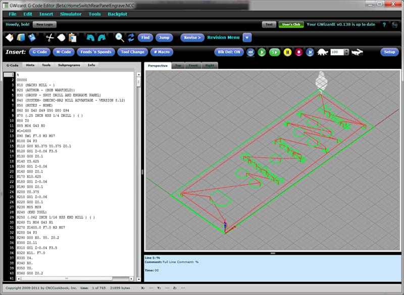 Software interface with green and red 3D model/blueprint displayed.