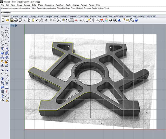 Rhinoceros 3D software user interface screenshot, featuring tools and menus on a light grey background.