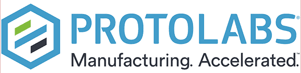 Stylized cube logo with green square and blue text 'Protolabs'.