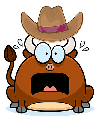 Cartoon bull wearing a cowboy hat.