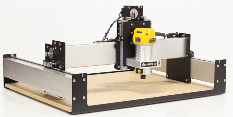 A CNC machine with a yellow motorized component and black frame, against a white background.