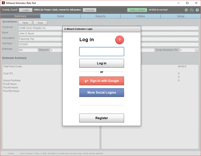 Grey login page with "GWizard: Estimator Beta Test" in top left corner.
