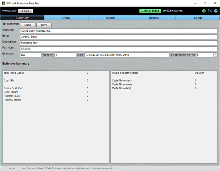Machining estimate summary page with input fields and navigation options.