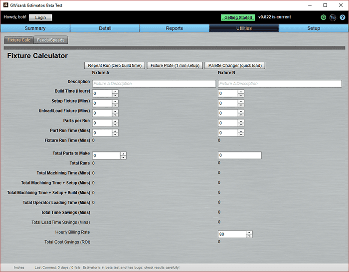 CNCCookbook.com website screenshot with fixture calculator on gray background featuring white text and black buttons.