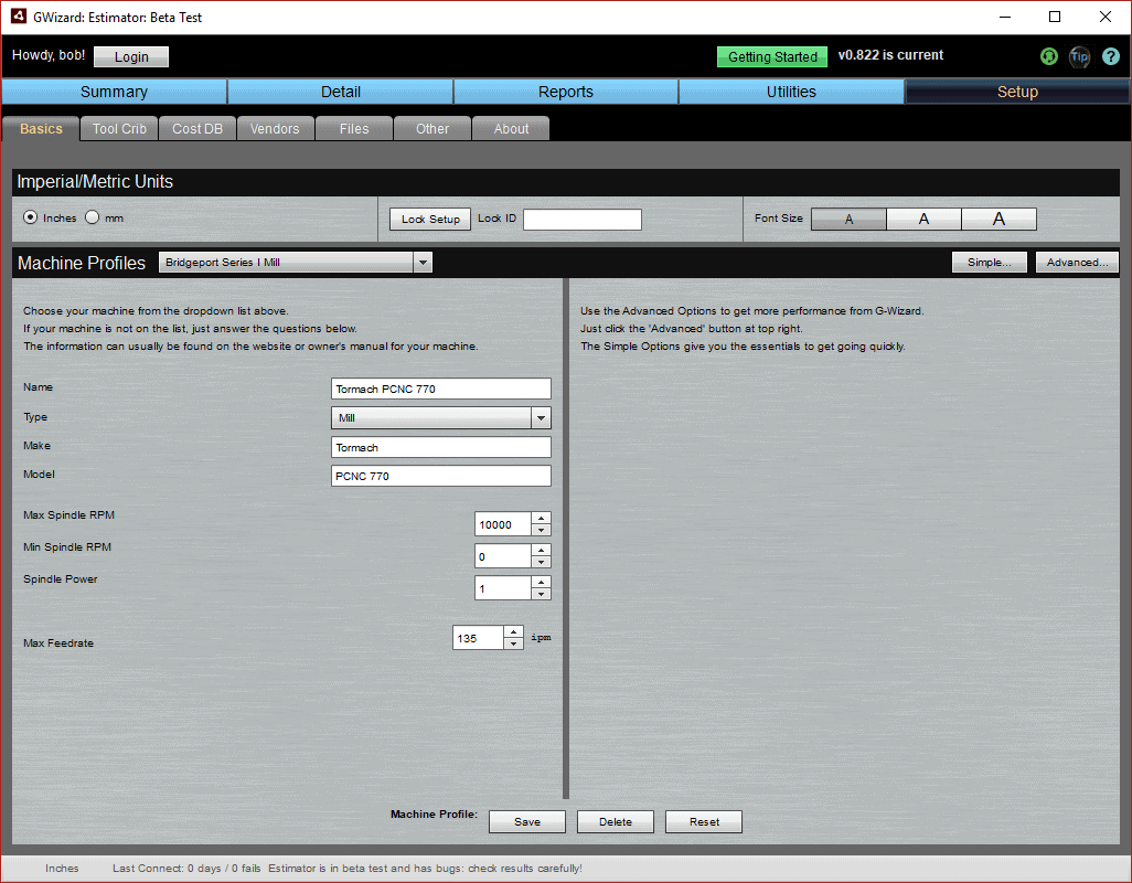 Machining website CNCCookbook.com Machine Profiles page with data entry fields.