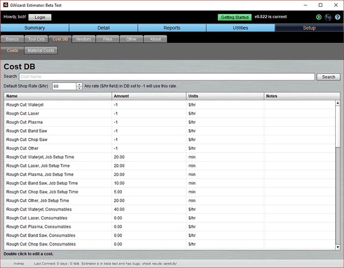 CNC cost database interface screenshot with navigation bar and cost table