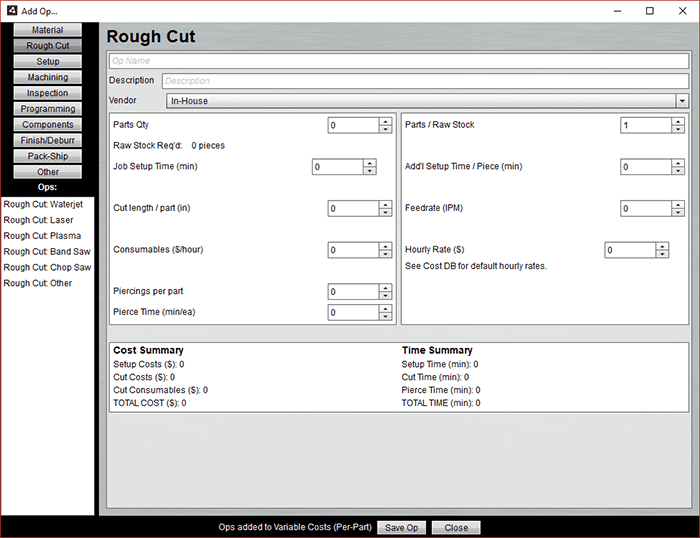 Machining rough cut operations setup page.