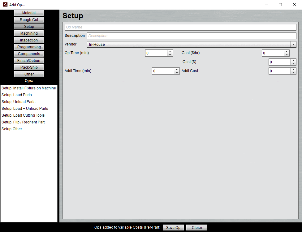 Manufacturing setup page screenshot with various options.