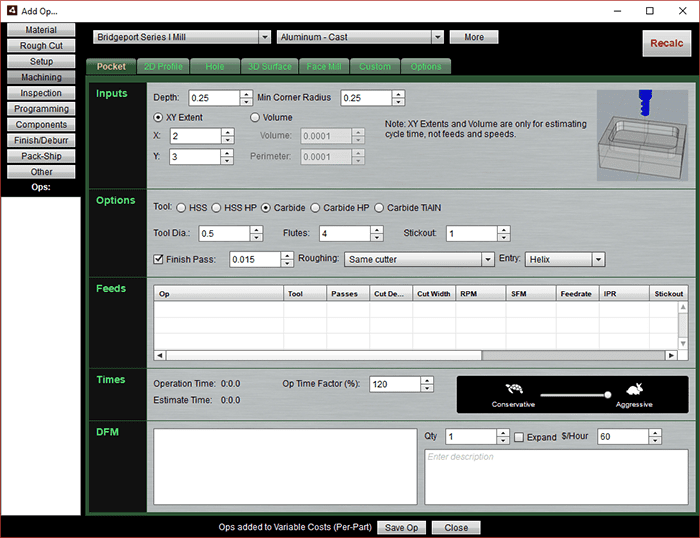 Machining software screenshot with input fields and options.