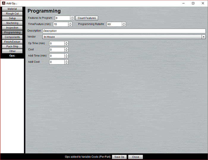 Machining software programming interface screenshot.