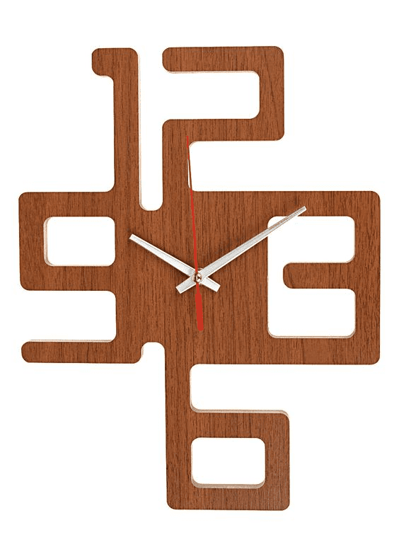 Modern wooden wall clock with brown cross design.