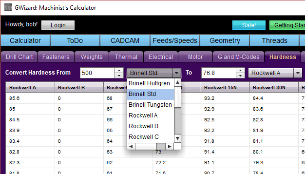 Calculator interface displaying various hardness scales with corresponding numerical values.
