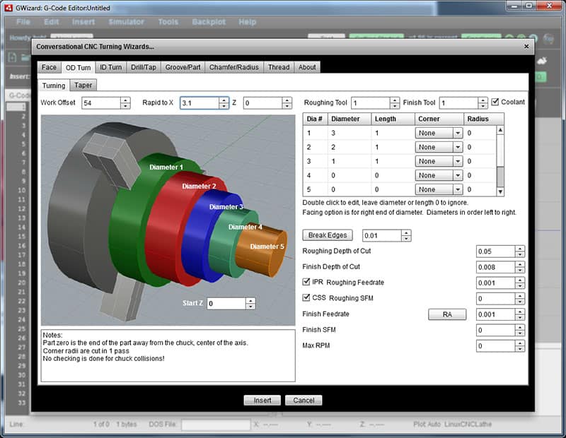 Conversational CNCLathe Wizards software screenshot with 3D model and parameters table.