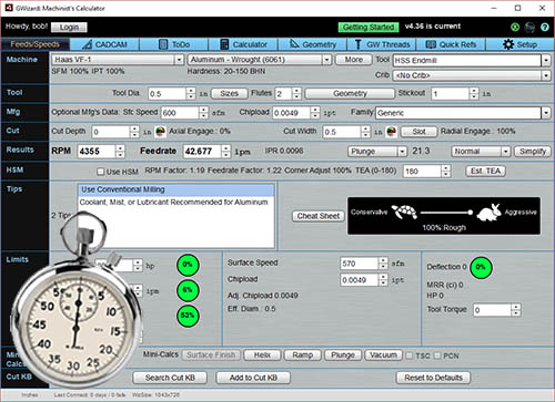 G-Wizard Feeds and Speeds Calculator software screenshot in web browser window.