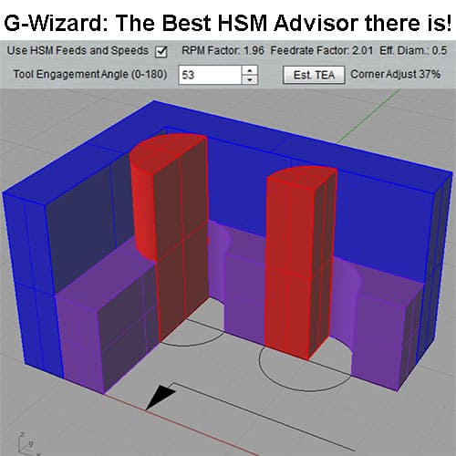 A screenshot of the HSM Advisor Feeds & Speeds tool with a 3D model and settings displayed.