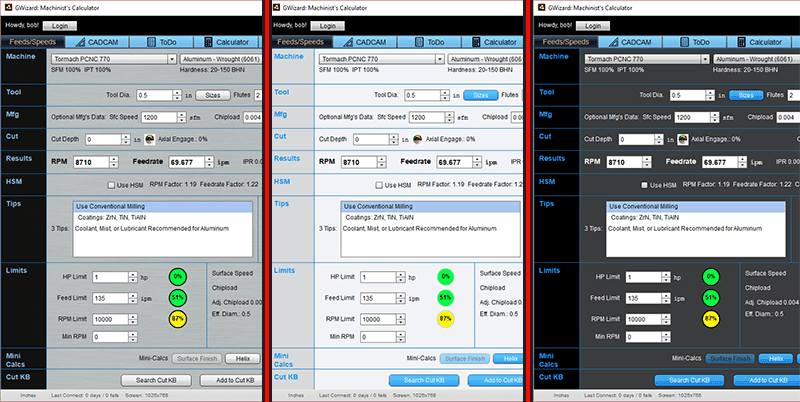 Two computer screenshots of a machining calculator software with different parameters being entered.