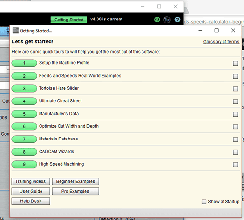 Computer software startup page with numbered options and green checkmarks.