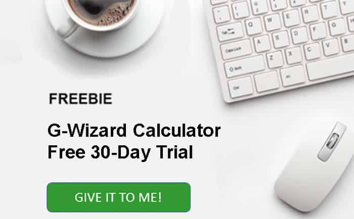 White keyboard and mouse on a plain background, with bold black "FREEBIE" and "G-Wizard Calculator Free 30-Day Trial" in smaller text.