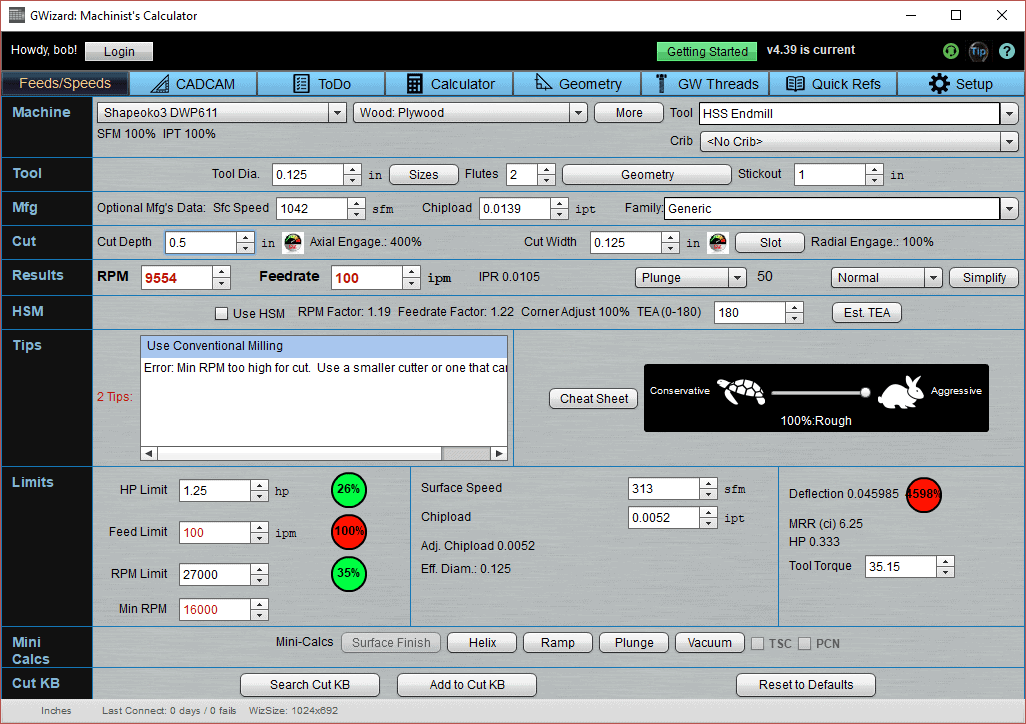 Machining software with input fields and buttons.