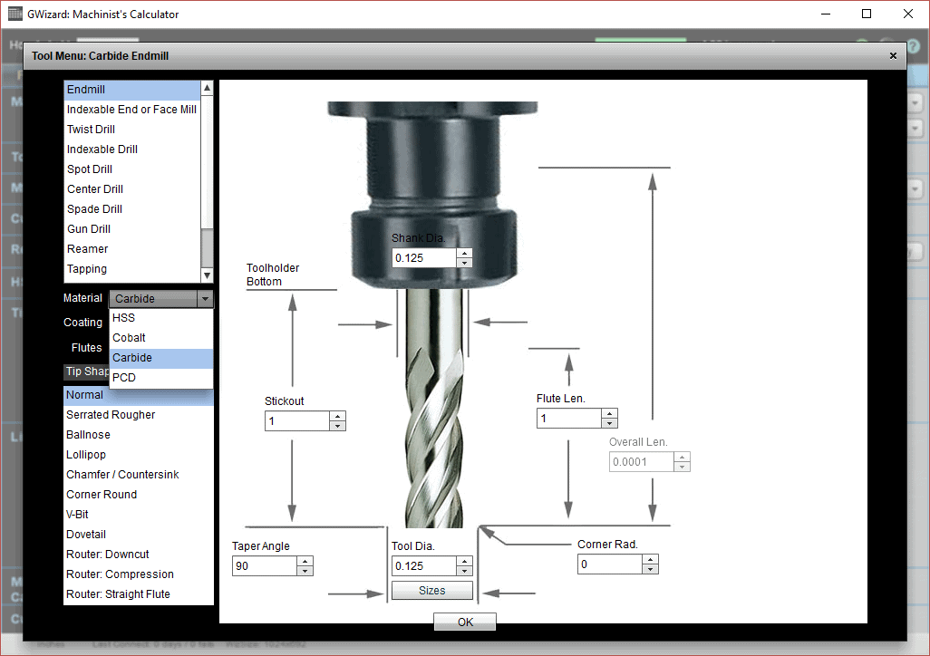 GWizard tool screenshot with carbide end mill diagram and component labels.