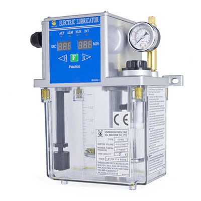 Electric lubricator with settings display and pressure gauge.