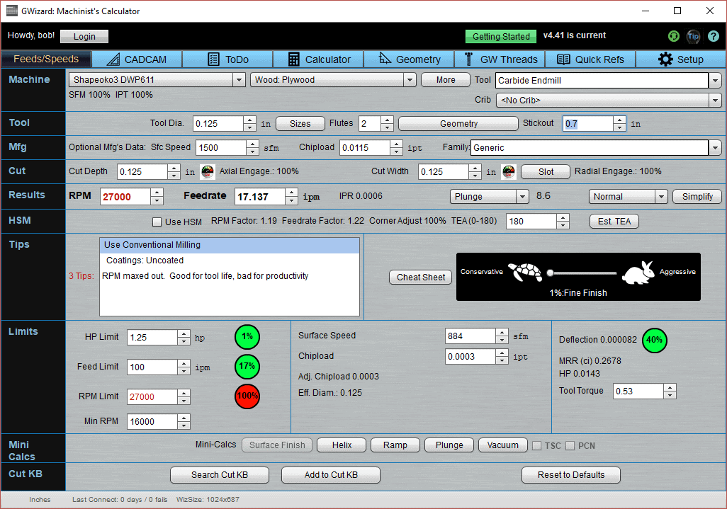 A screenshot of the GWizard: Machinist's Calculator website displaying a table with machining parameters and buttons for saving and exporting calculations.