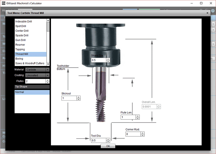 White background screenshot of a graphing calculator in a machining context displaying tool diameter calculation.