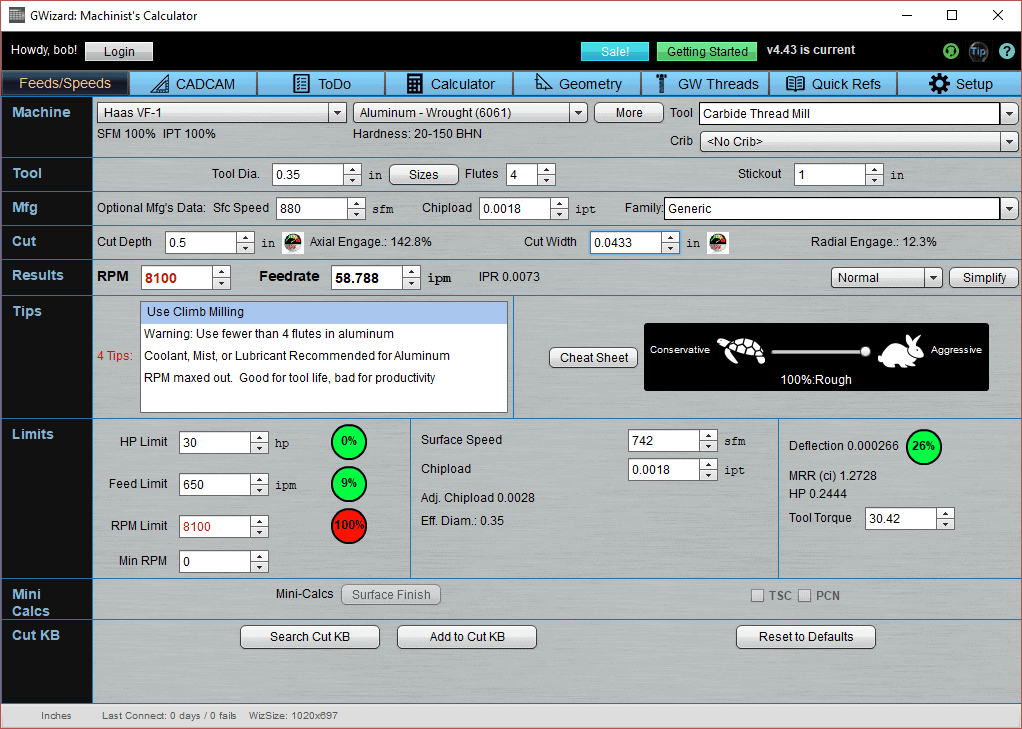 Machining calculator on computer screen with tabs and fields for feed rates, depths of cut, surface speeds, and tool data.